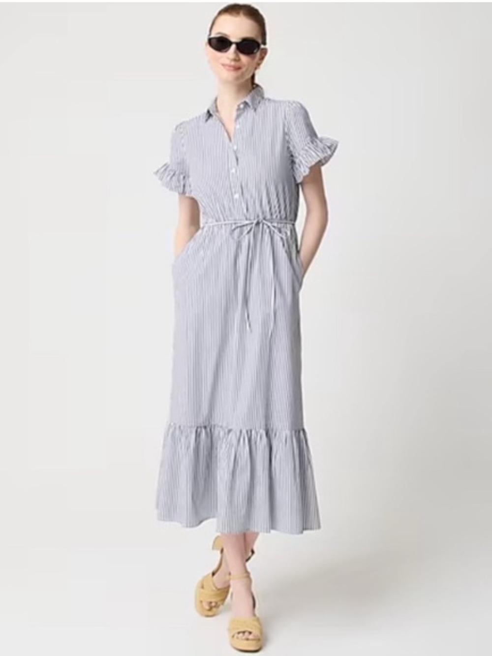 J. Crew Ruffle-Sleeve Striped Cotton Poplin Midi Dress